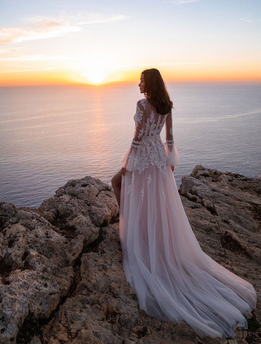 BLANKA — Bell-Sleeve Drama bridal gown, back view