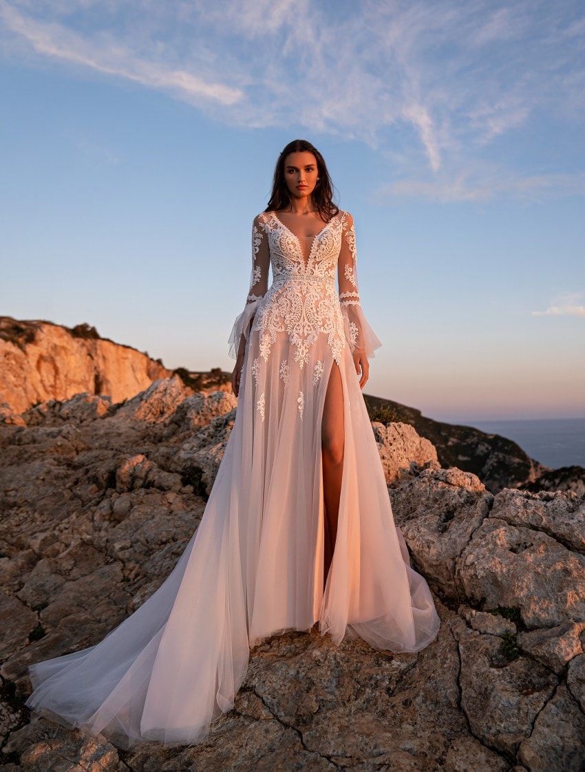 BLANKA — Bell-Sleeve Drama bridal gown, front view